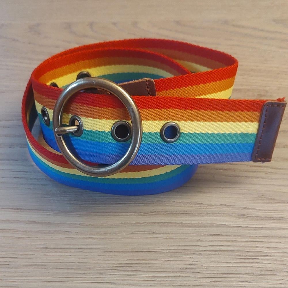 Rainbow Striped Canvas Belt with Gold Buckle Grommets Retro
